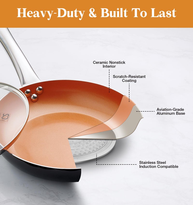 KOCH SYSTEME CS 10in Copper Nonstick Frying Pans with Lids and Titanium Ceramic Interior,100% PFOA-Free Saute Pan/Skillet for All Stove Tops,Stainless Handle,Omelet Pan Cookware - Image 3